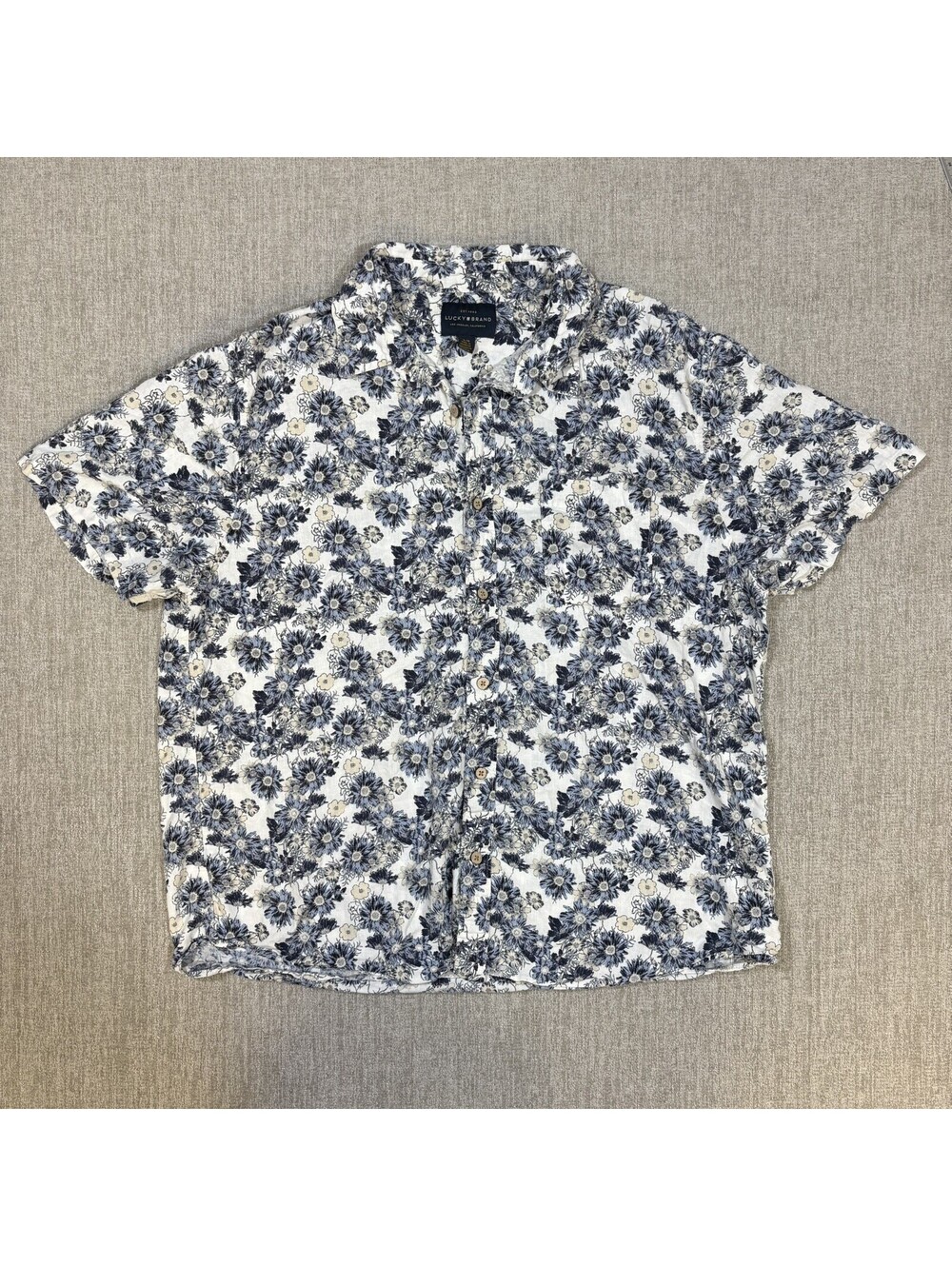 Lucky Brand Men's L Blue/White Floral Linen Rayon SS Button-Up